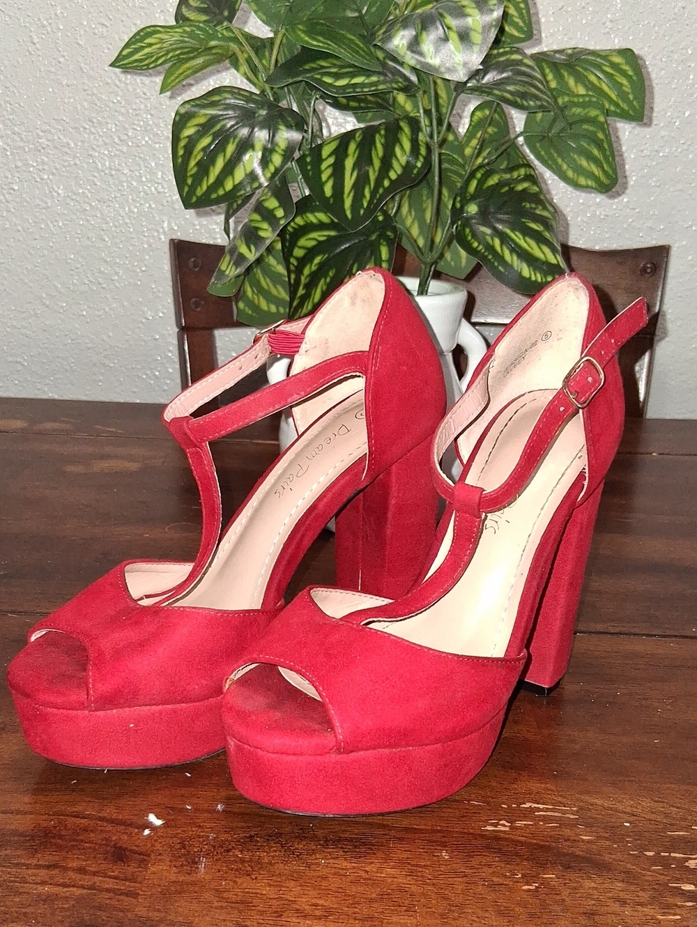 Dream Pairs Red T-Strap Platform Heels